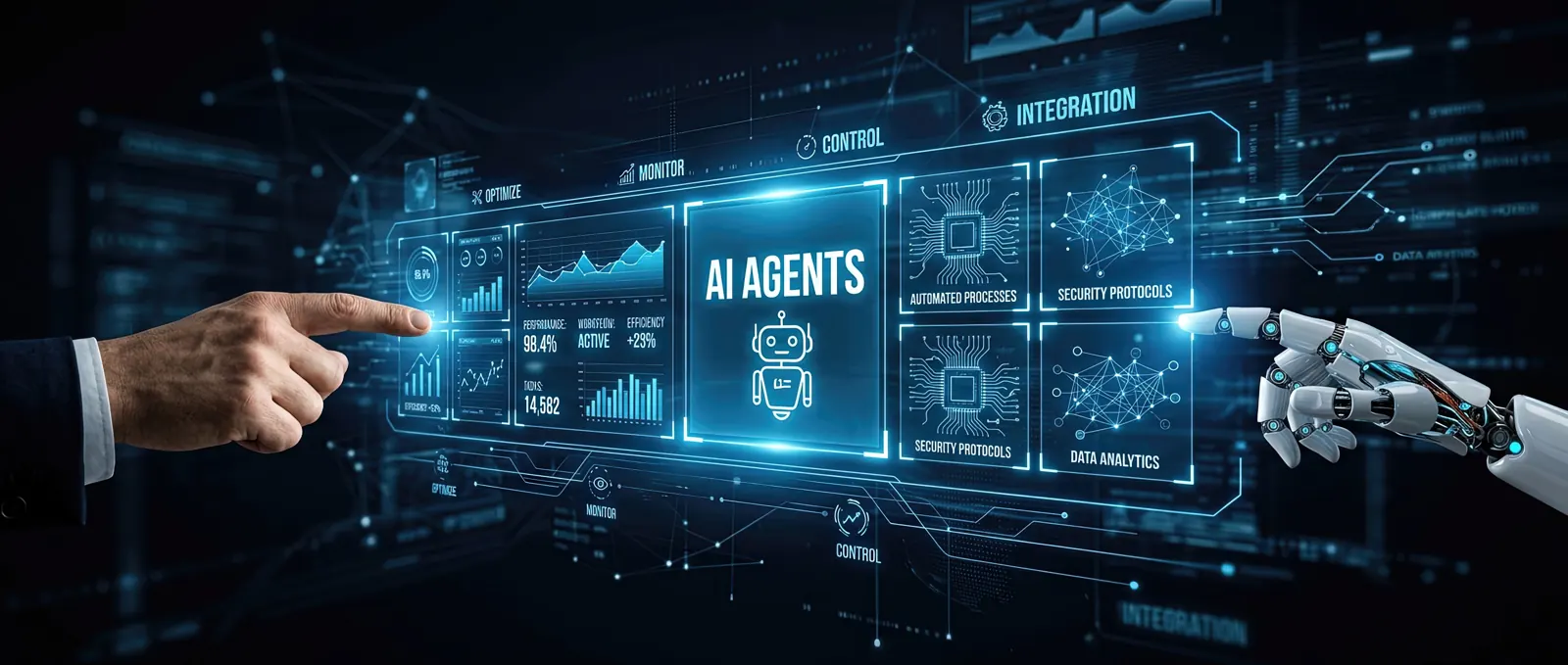 Dirigeant pilotant un tableau de bord d'agents IA aux côtés d'une main robotique
