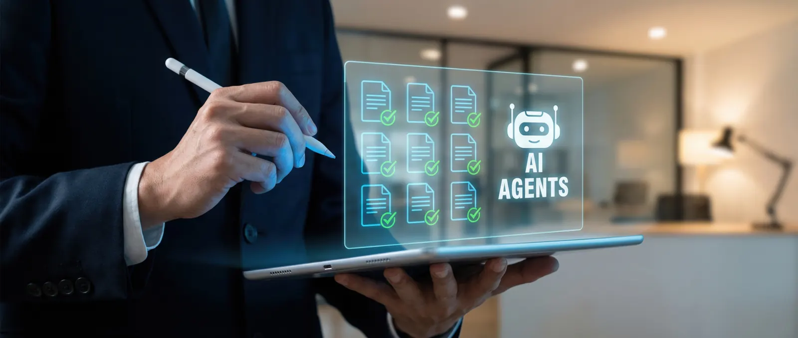 Dirigeant validant des documents générés par des agents IA sur une tablette