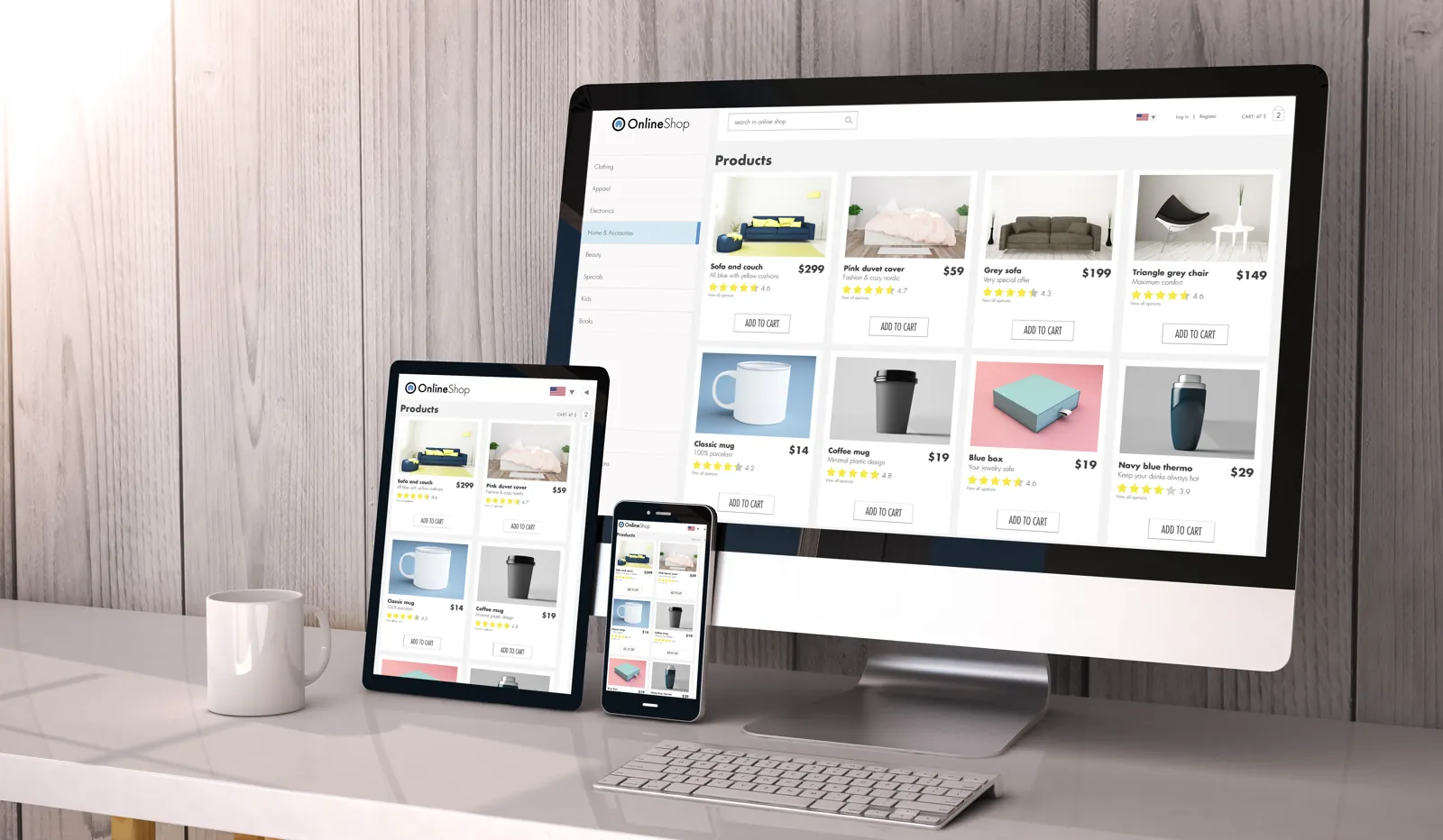 Boutique en ligne affichée sur ordinateur, tablette et téléphone